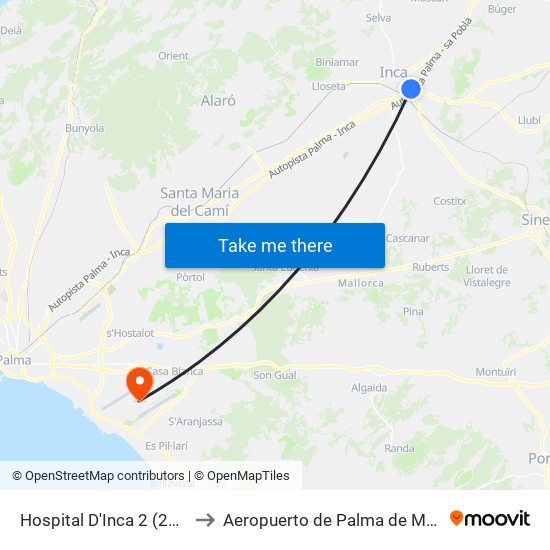 Hospital D'Inca 2 (27005) to Aeropuerto de Palma de Mallorca map
