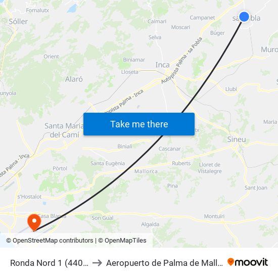 Ronda Nord 1 (44011) to Aeropuerto de Palma de Mallorca map