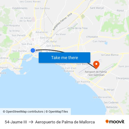 54-Jaume III to Aeropuerto de Palma de Mallorca map
