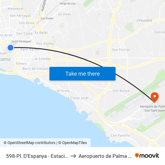 598-Pl. D'Espanya - Estació Intermodal to Aeropuerto de Palma de Mallorca map