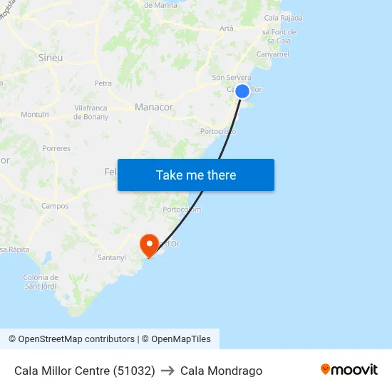 Cala Millor Centre (51032) to Cala Mondrago map