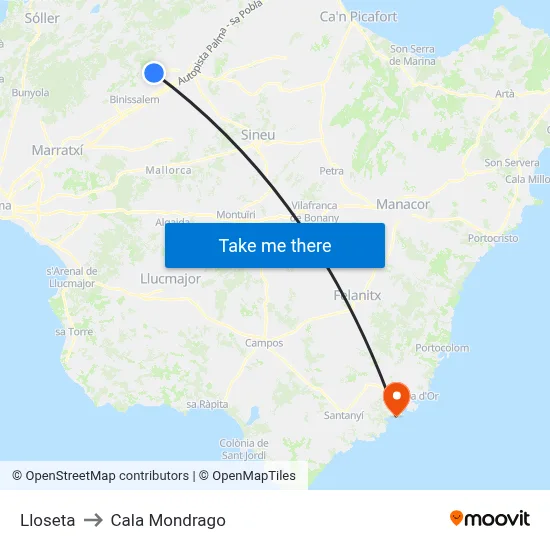 Lloseta to Cala Mondrago map