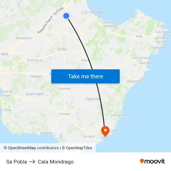 Sa Pobla to Cala Mondrago map