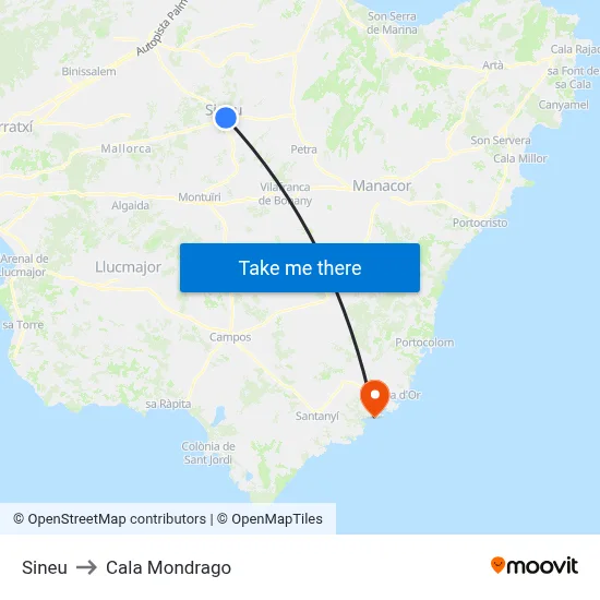 Sineu to Cala Mondrago map