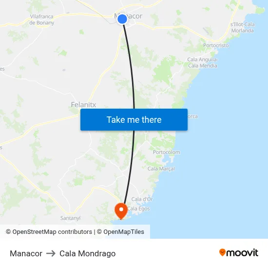Manacor to Cala Mondrago map