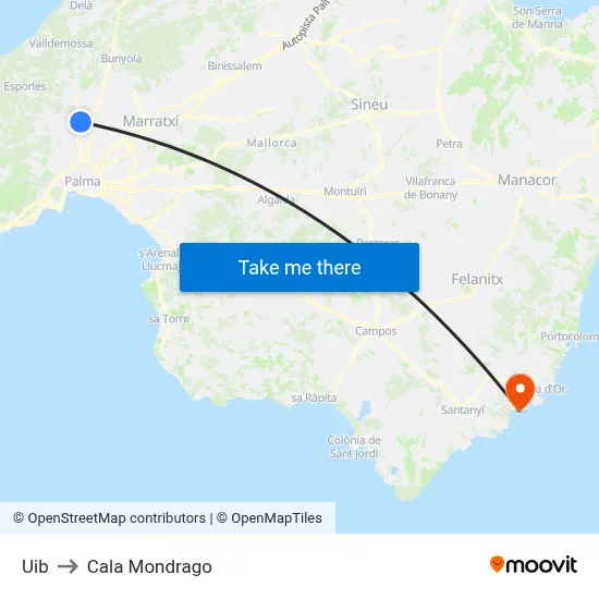 Uib to Cala Mondrago map