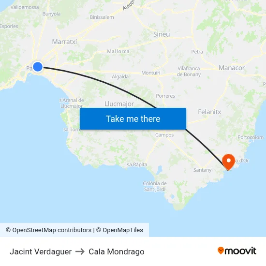 Jacint Verdaguer to Cala Mondrago map
