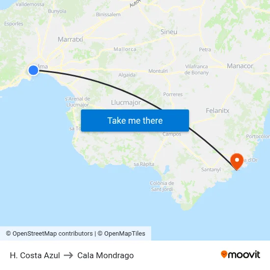 H. Costa Azul to Cala Mondrago map