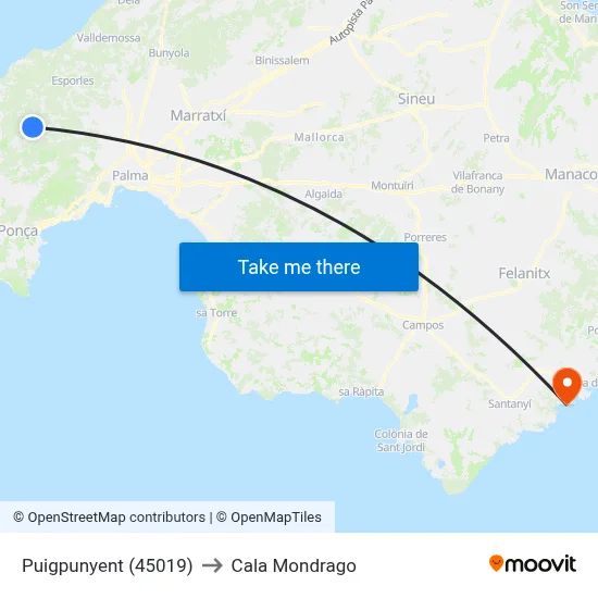 Puigpunyent (45019) to Cala Mondrago map