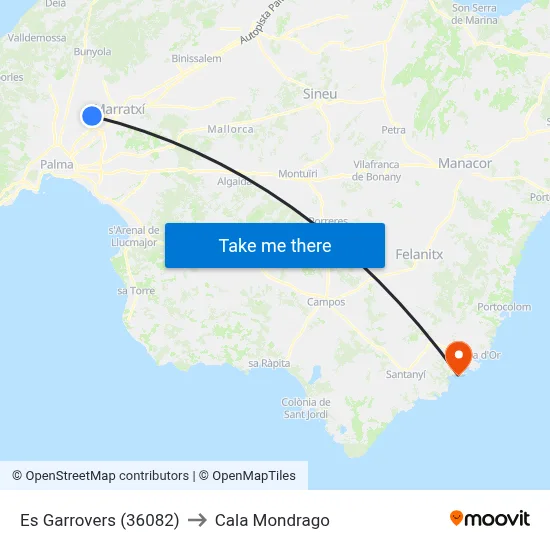 Es Garrovers (36082) to Cala Mondrago map