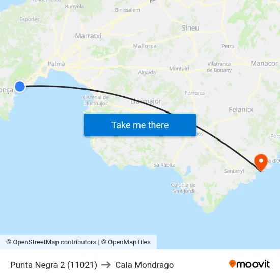 Punta Negra 2 (11021) to Cala Mondrago map