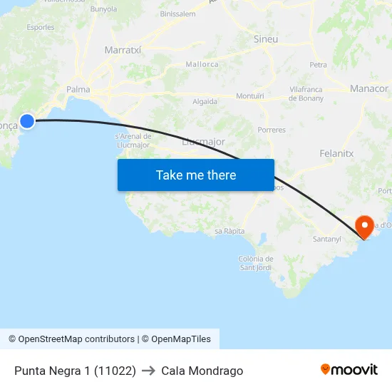 Punta Negra 1 (11022) to Cala Mondrago map