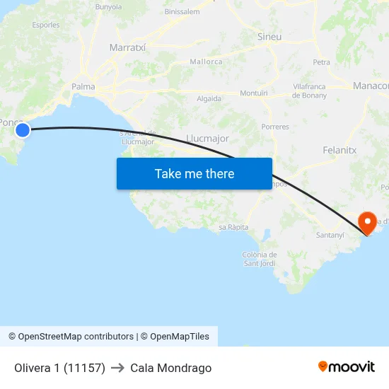 Olivera 1 (11157) to Cala Mondrago map