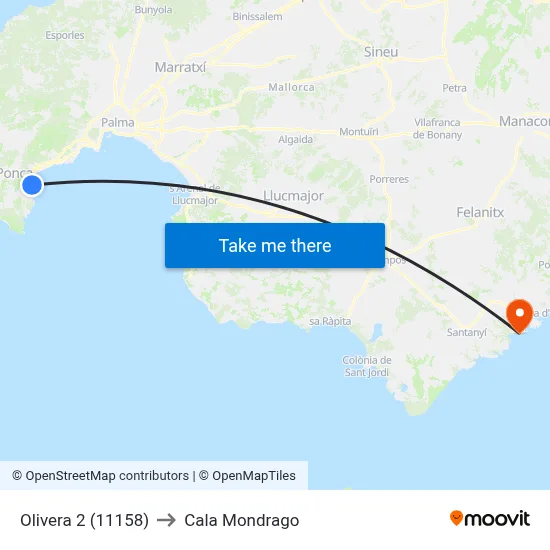 Olivera 2 (11158) to Cala Mondrago map