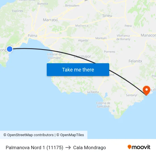 Palmanova Nord 1 (11175) to Cala Mondrago map