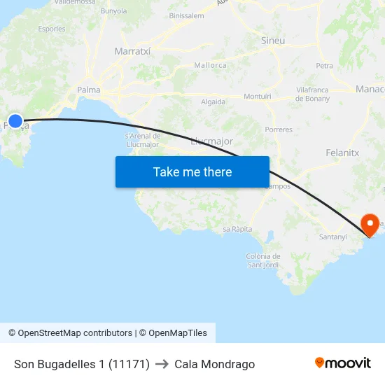 Son Bugadelles 1 (11171) to Cala Mondrago map