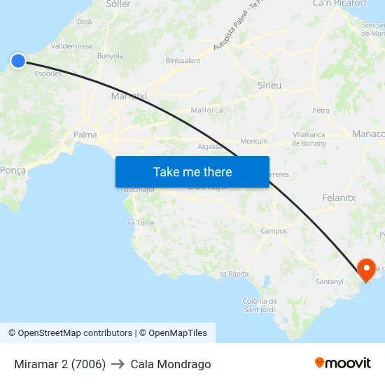 Miramar 2 (7006) to Cala Mondrago map