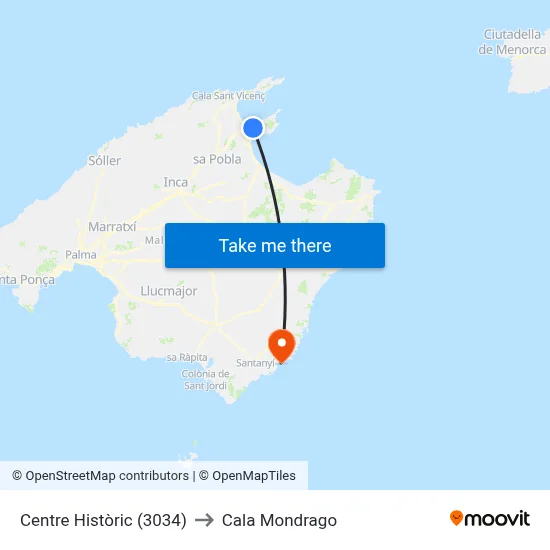 Centre Històric (3034) to Cala Mondrago map
