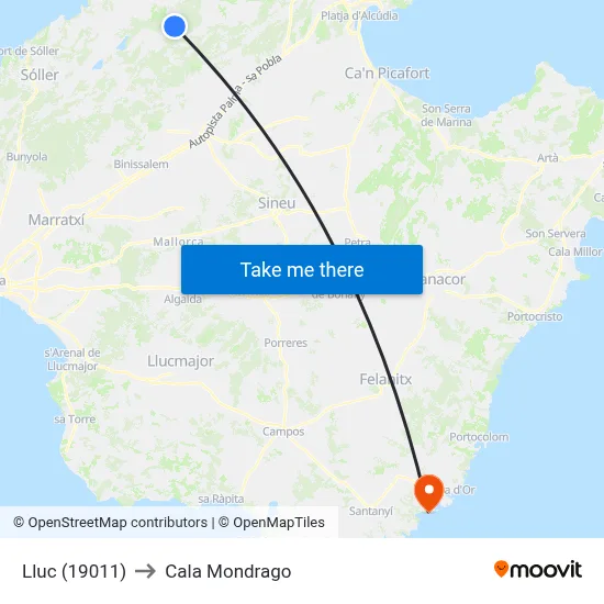 Lluc (19011) to Cala Mondrago map