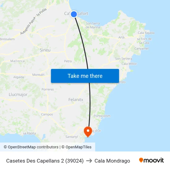 Casetes Des Capellans 2 (39024) to Cala Mondrago map