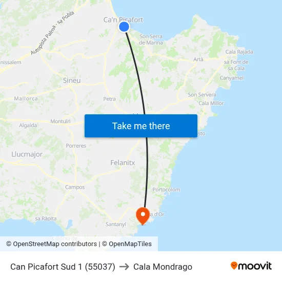 Can Picafort Sud 1 (55037) to Cala Mondrago map
