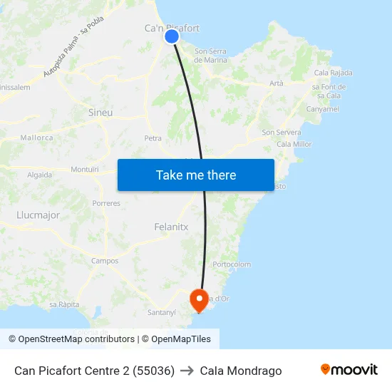 Can Picafort Centre 2 (55036) to Cala Mondrago map