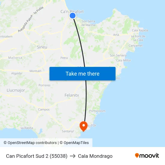 Can Picafort Sud 2 (55038) to Cala Mondrago map