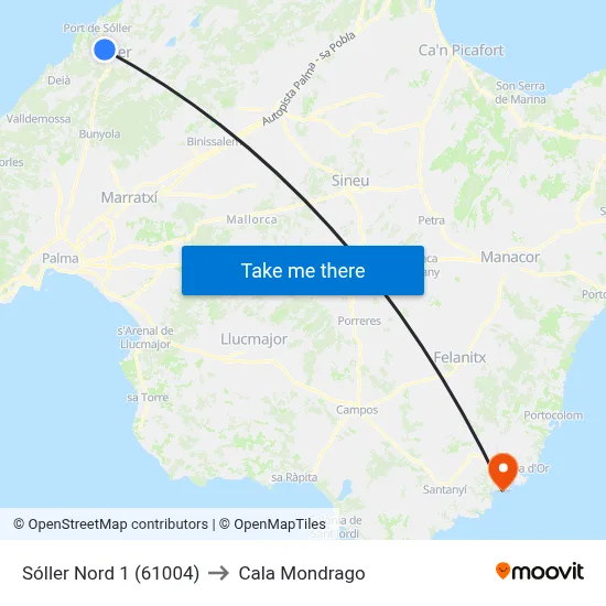 Sóller Nord 1 (61004) to Cala Mondrago map