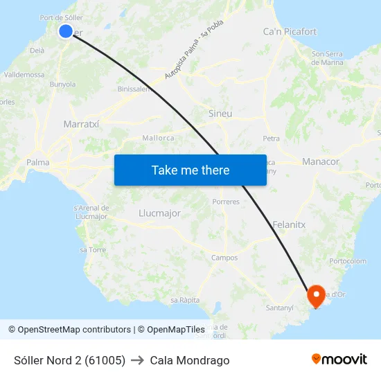 Sóller Nord 2 (61005) to Cala Mondrago map