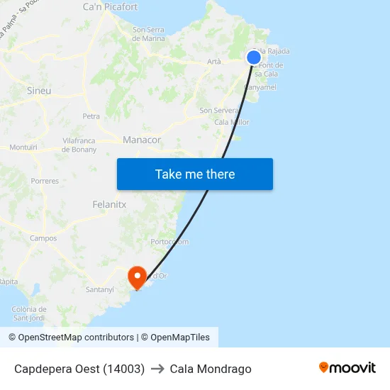 Capdepera Oest (14003) to Cala Mondrago map