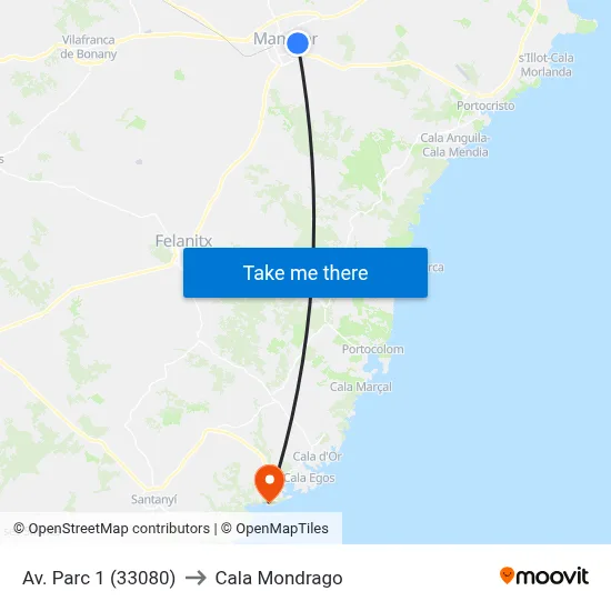 Av. Parc 1 (33080) to Cala Mondrago map