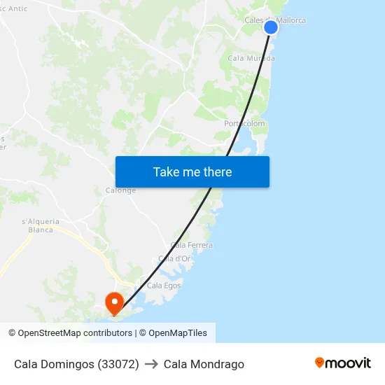 Cala Domingos (33072) to Cala Mondrago map