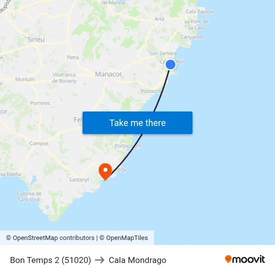 Bon Temps 2 (51020) to Cala Mondrago map