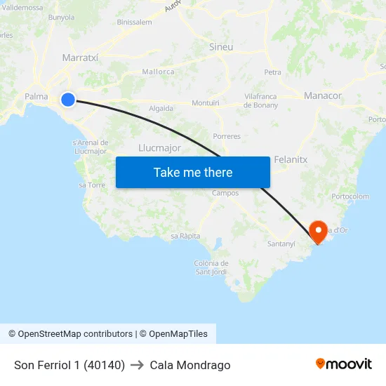 Son Ferriol 1 (40140) to Cala Mondrago map