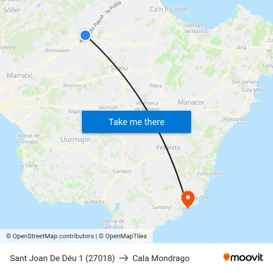 Sant Joan De Déu 1 (27018) to Cala Mondrago map