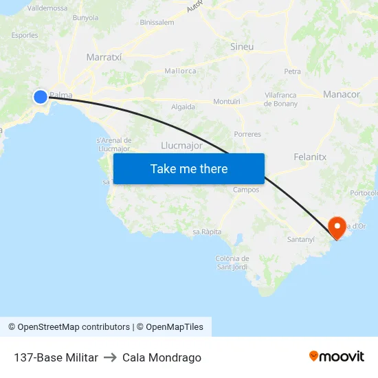 137-Base Militar to Cala Mondrago map
