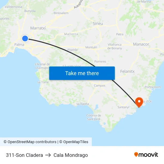 311-Son Cladera to Cala Mondrago map