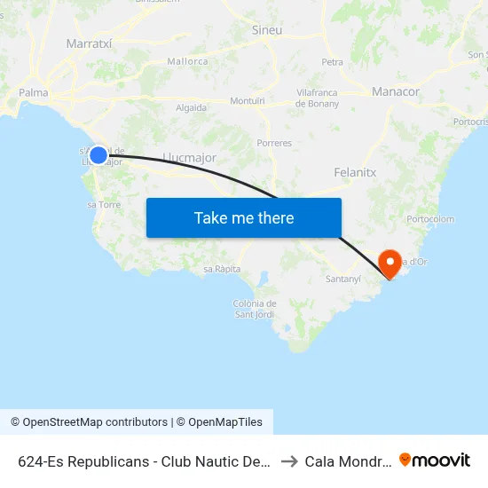 624-Es Republicans - Club Nautic De S'Arenal to Cala Mondrago map