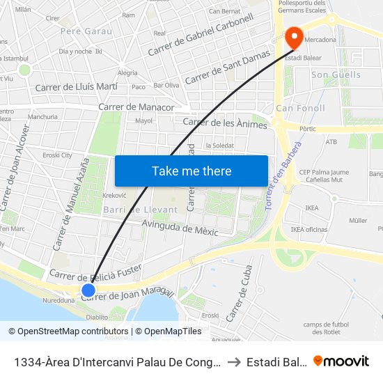 1334-Àrea D'Intercanvi Palau De Congressos to Estadi Balear map