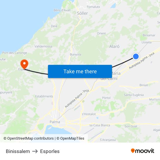 Binissalem to Esporles map