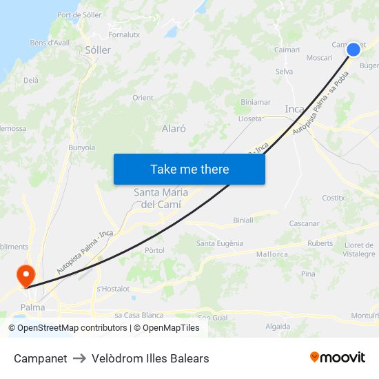 Campanet to Velòdrom Illes Balears map