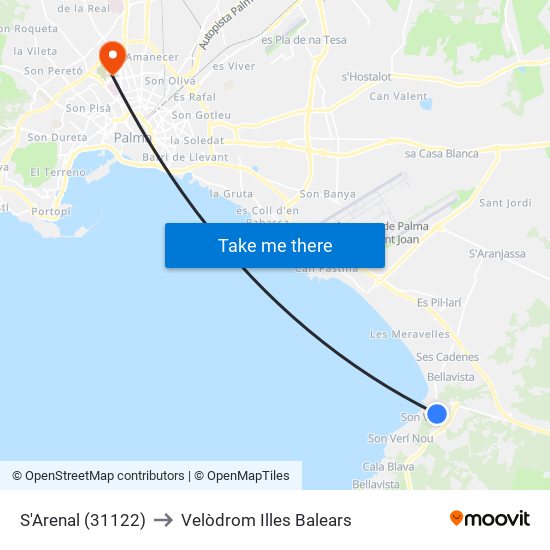 S'Arenal (31122) to Velòdrom Illes Balears map