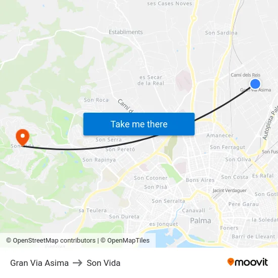Gran Via Asima to Son Vida map