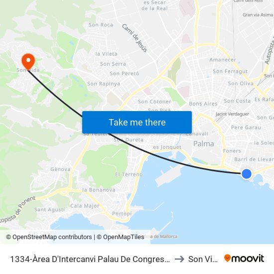1334-Àrea D'Intercanvi Palau De Congressos to Son Vida map