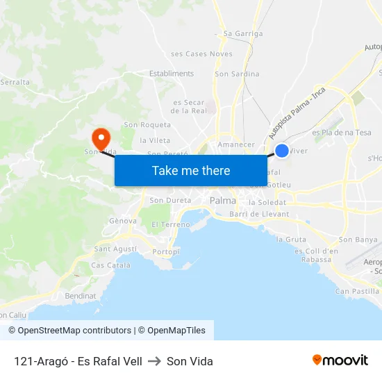 121-Aragó - Es Rafal Vell to Son Vida map