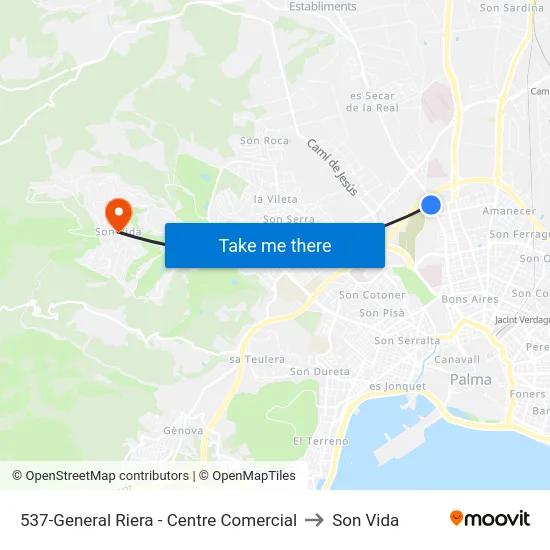 537-General Riera - Centre Comercial to Son Vida map