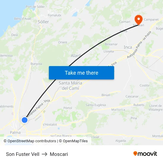 Son Fuster Vell to Moscari map