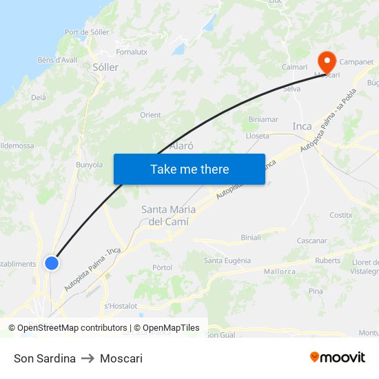 Son Sardina to Moscari map
