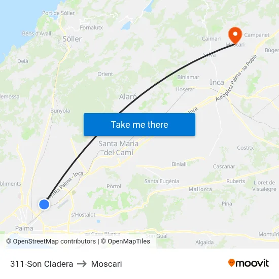 311-Son Cladera to Moscari map