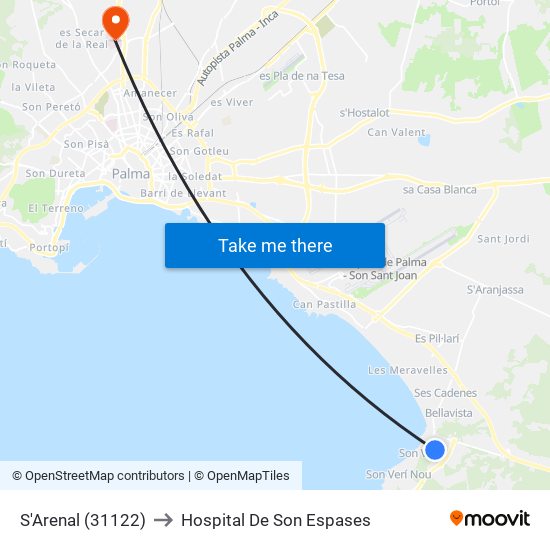 S'Arenal (31122) to Hospital De Son Espases map